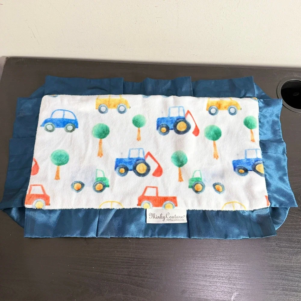 Minky Couture Mini Security Blanket Blue Tractor Car Print Satin Ruffle Border